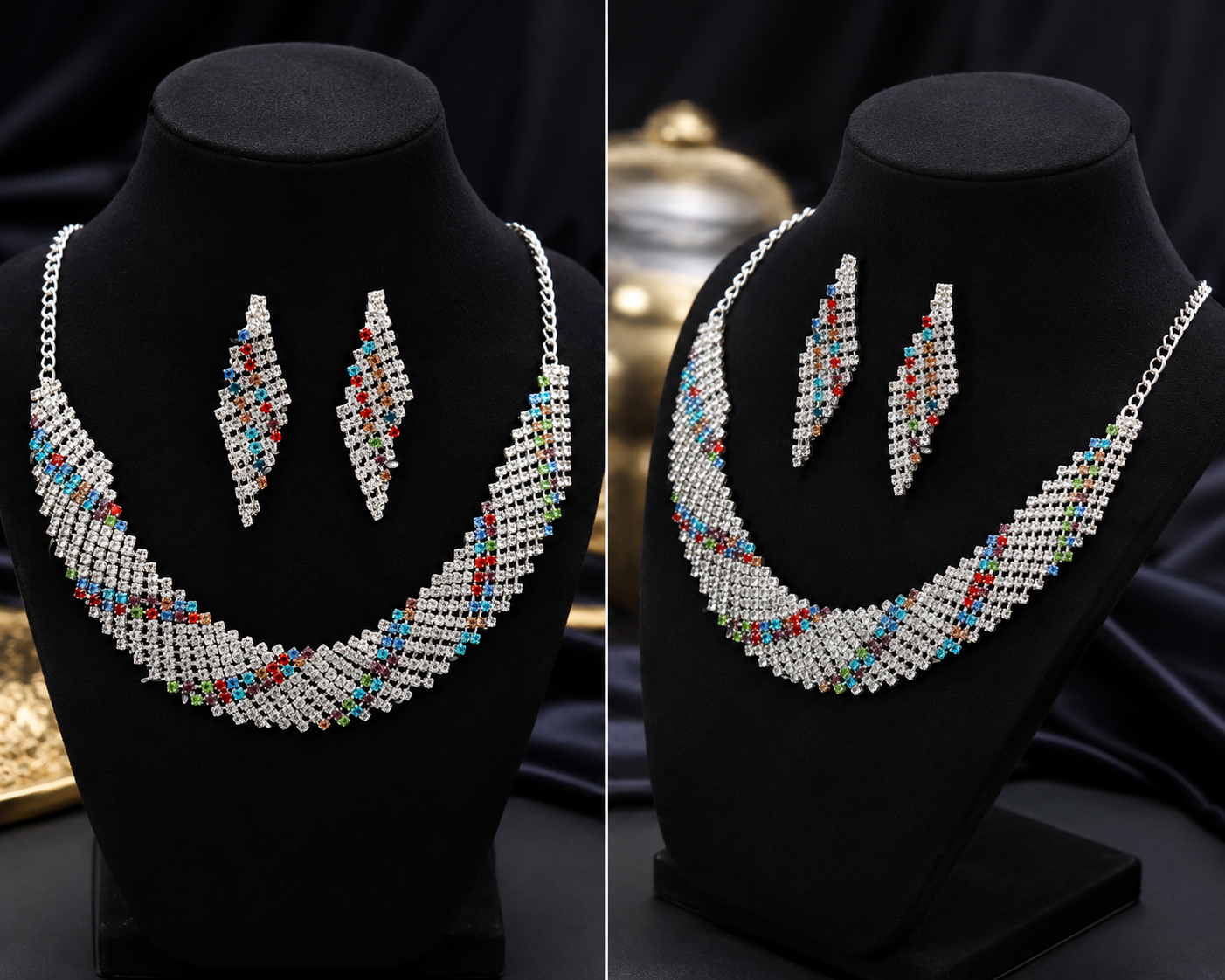 Martzy Rainbow Crystal Silver Necklace Set with Earrings