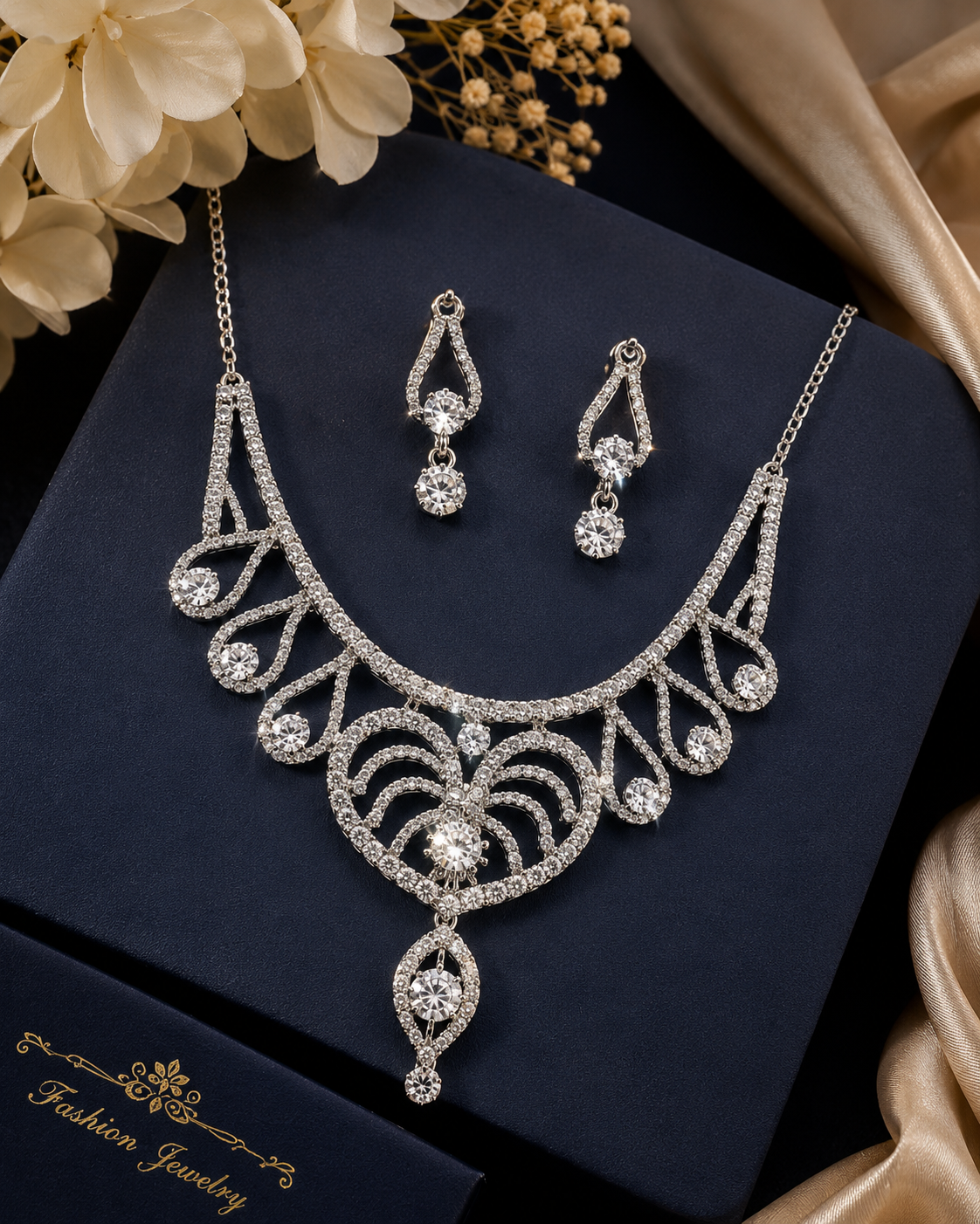 Martzy Silver Crystal Elegance Necklace Set with Earrings for Women ✅