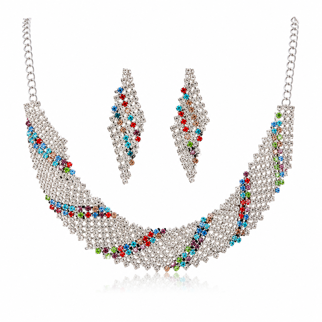 Martzy Rainbow Crystal Silver Necklace Set with Earrings