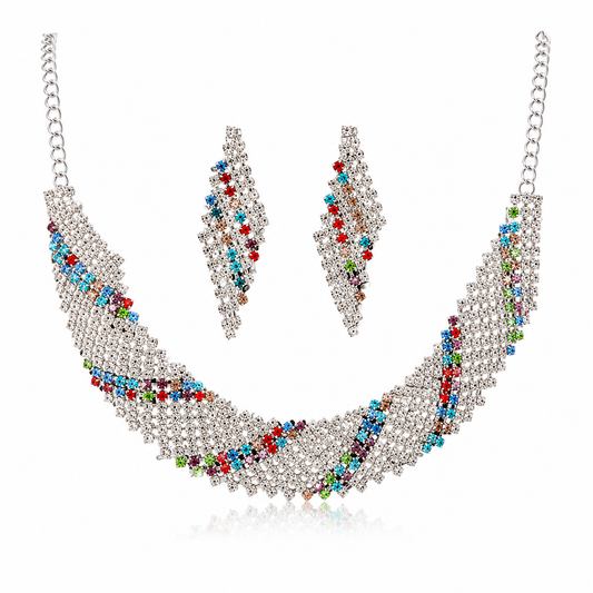 Martzy Rainbow Crystal Silver Necklace Set with Earrings