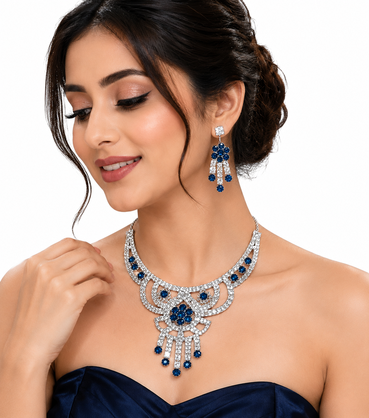 Martzy Royal Blue Crystal Necklace Set with Earrings for Women
