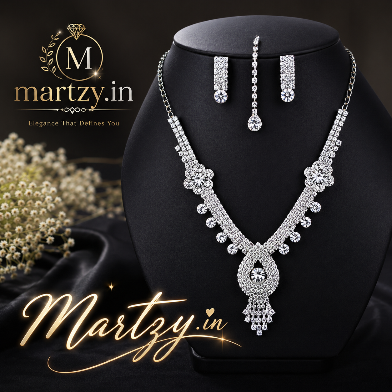Martzy Crystal Blossom Royale Necklace Set with Earrings for Women