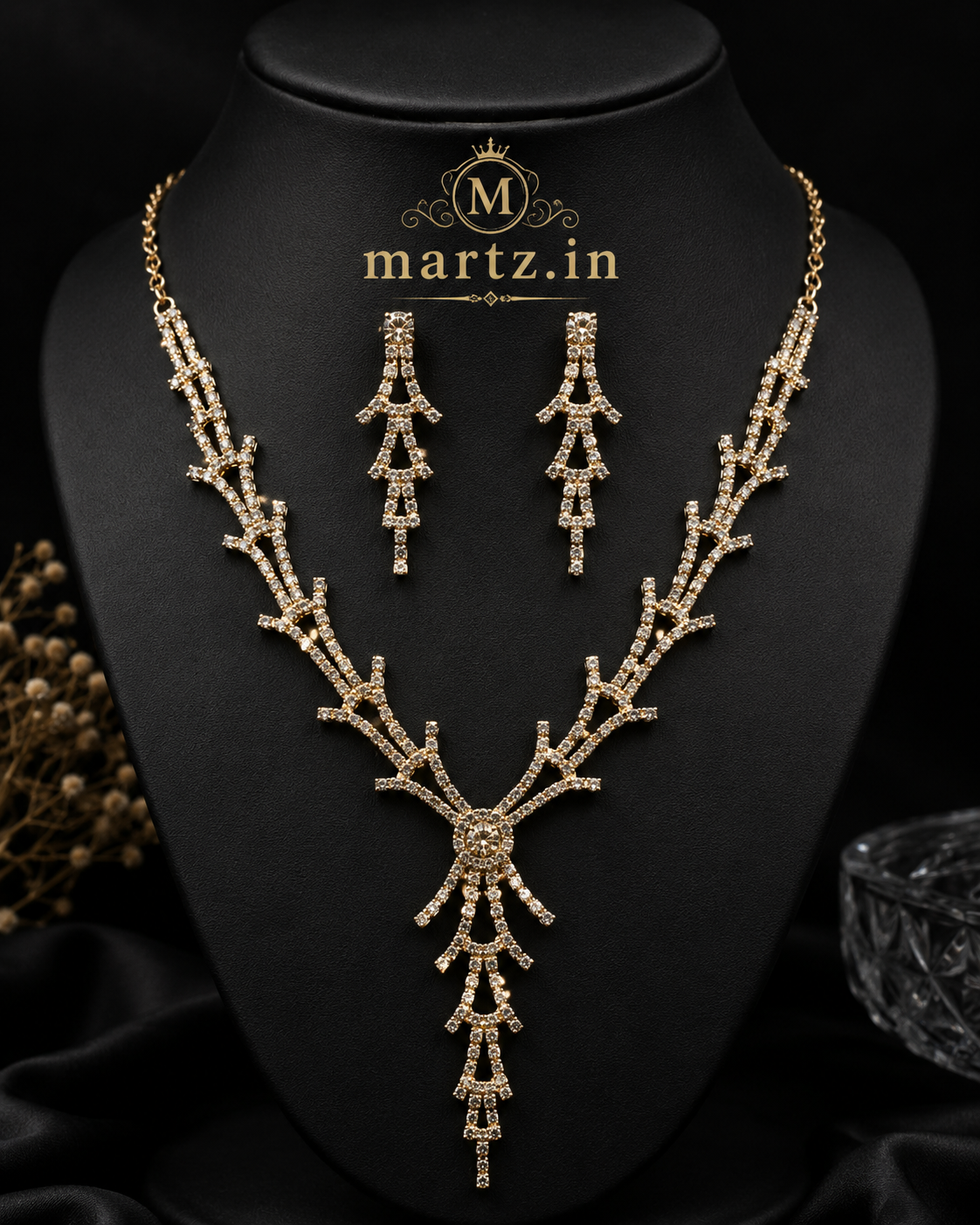 Martzy Golden Vine Crystal Necklace Set with Earrings