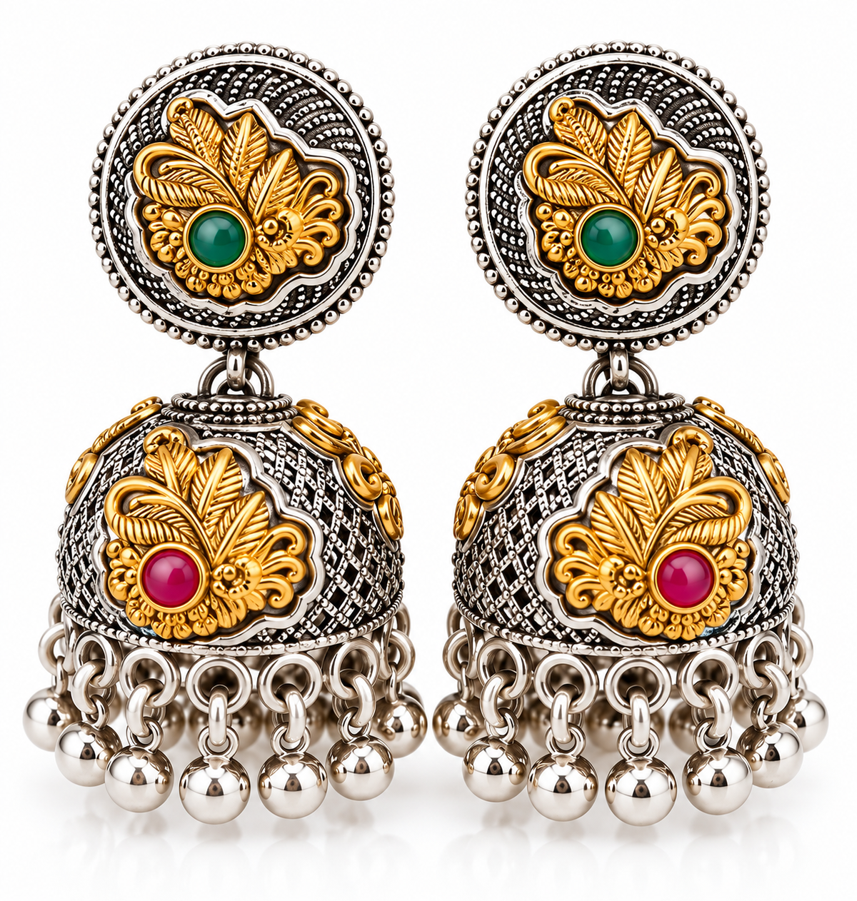 Martzy Royal Antique Green & Ruby Jhumka Earrings