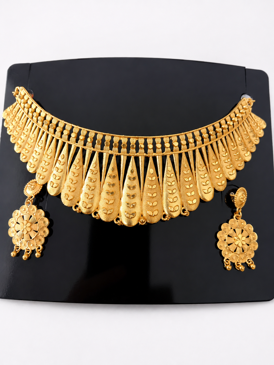 Martzy Royal Gold Petal Choker Necklace Set with Earrings for Women