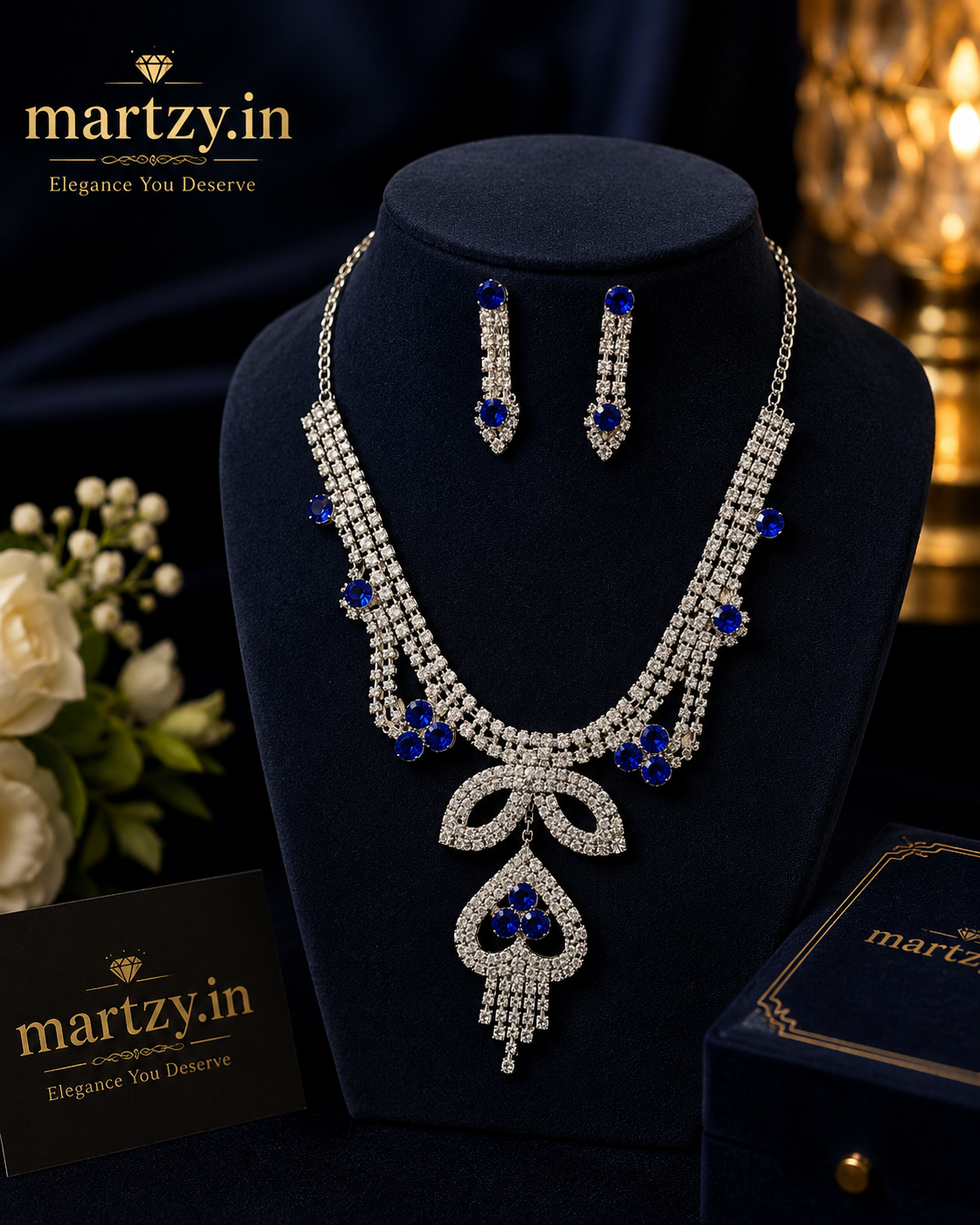 Martzy Royal Sapphire Crystal Necklace Set with Earrings