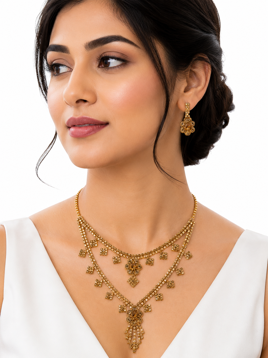 Martzy Golden Blossom Crystal Necklace Set with Earrings for Women ✅