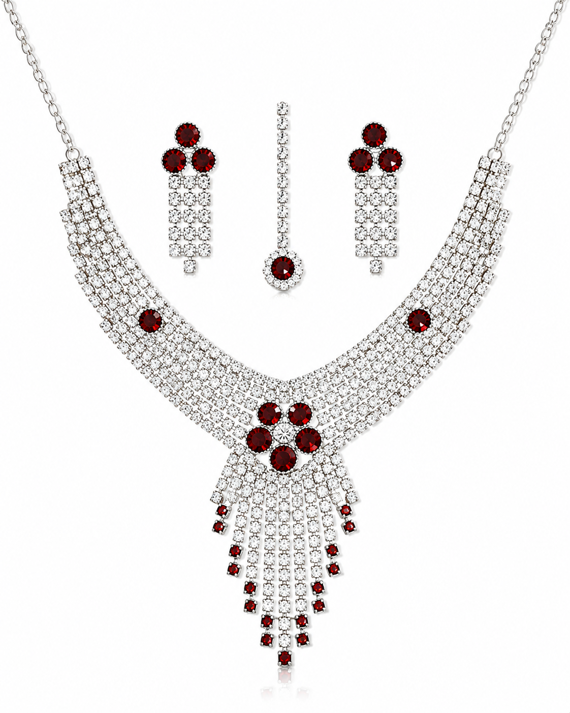 Martzy Silver Red Crystal Necklace Set with Earrings for Women
