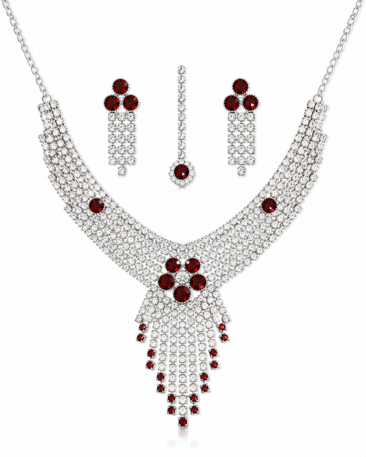 Martzy Silver Red Crystal Necklace Set with Earrings for Women