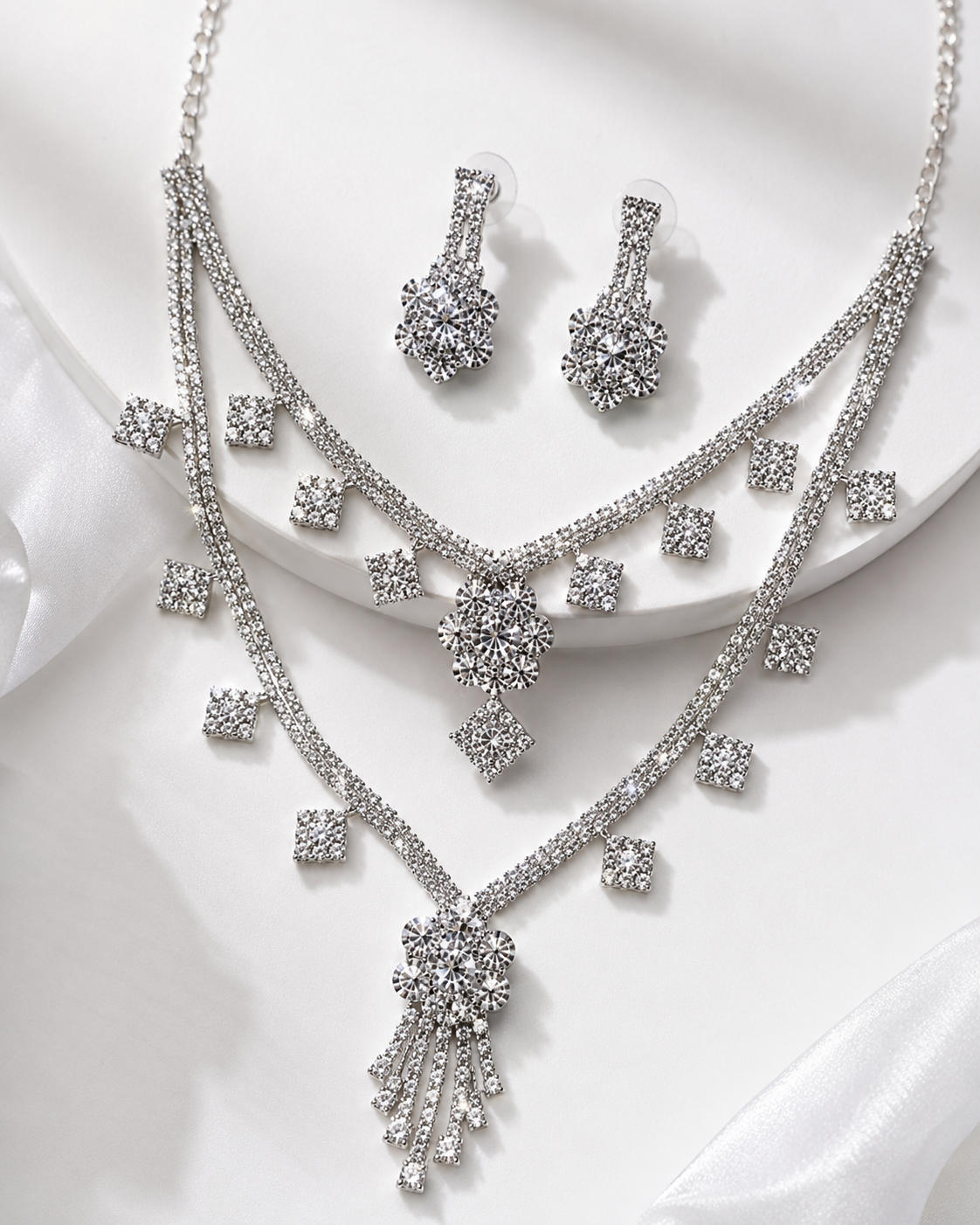 Martzy Silver Crystal Layered Necklace Set with Earrings for Women